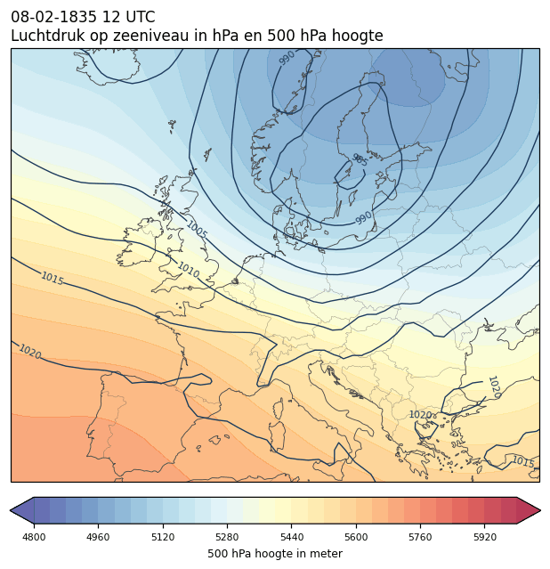 Weerkaart van 8 februari 1835 om 12 UTC