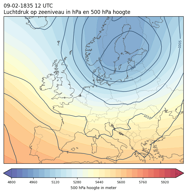 Weerkaart van 9 februari 1835 om 12 UTC