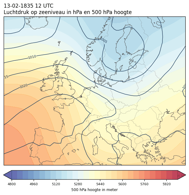 Weerkaart van 13 februari 1835 om 12 UTC
