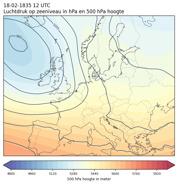 Weerkaart van 18 februari 1835 om 12 UTC