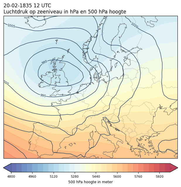 Weerkaart van 20 februari 1835 om 12 UTC