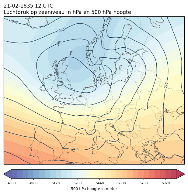 Weerkaart van 21 februari 1835 om 12 UTC