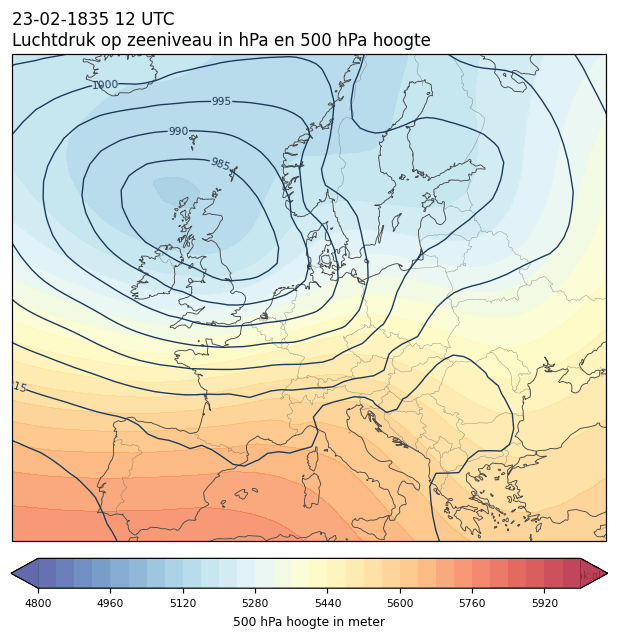 Weerkaart van 23 februari 1835 om 12 UTC