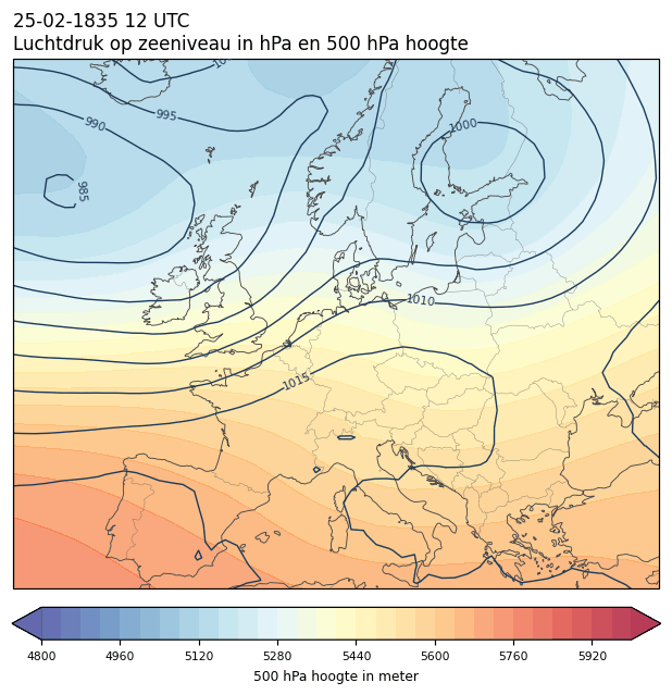 Weerkaart van 25 februari 1835 om 12 UTC