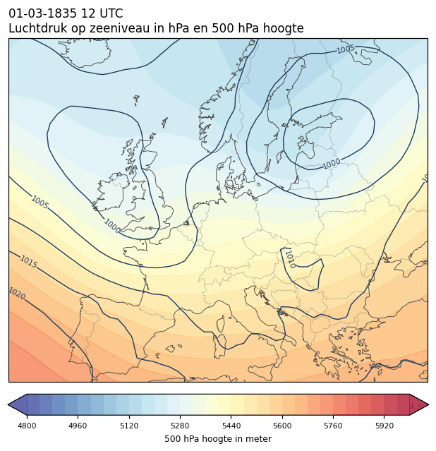 Weerkaart van 1 maart 1835 om 12 UTC