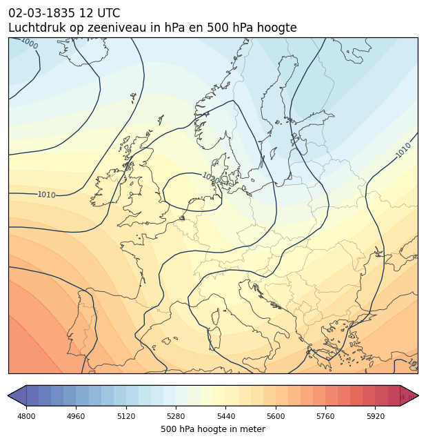 Weerkaart van 2 maart 1835 om 12 UTC