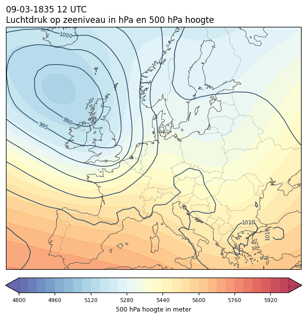 Weerkaart van 9 maart 1835 om 12 UTC