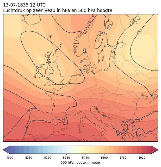 Weerkaart van 13 juli 1835 om 12 UTC