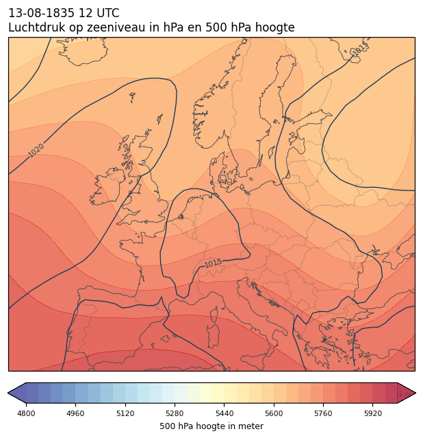 Weerkaart van 13 augustus 1835 om 12 UTC