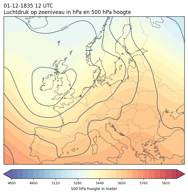Weerkaart van 1 december 1835 om 12 UTC