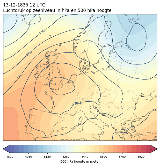Weerkaart van 13 december 1835 om 12 UTC