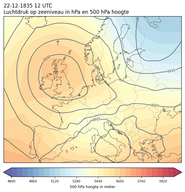Weerkaart van 22 december 1835 om 12 UTC