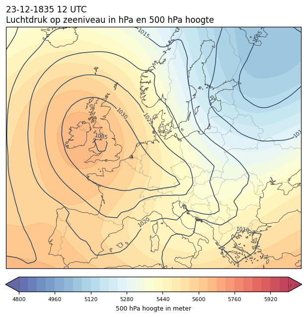 Weerkaart van 23 december 1835 om 12 UTC